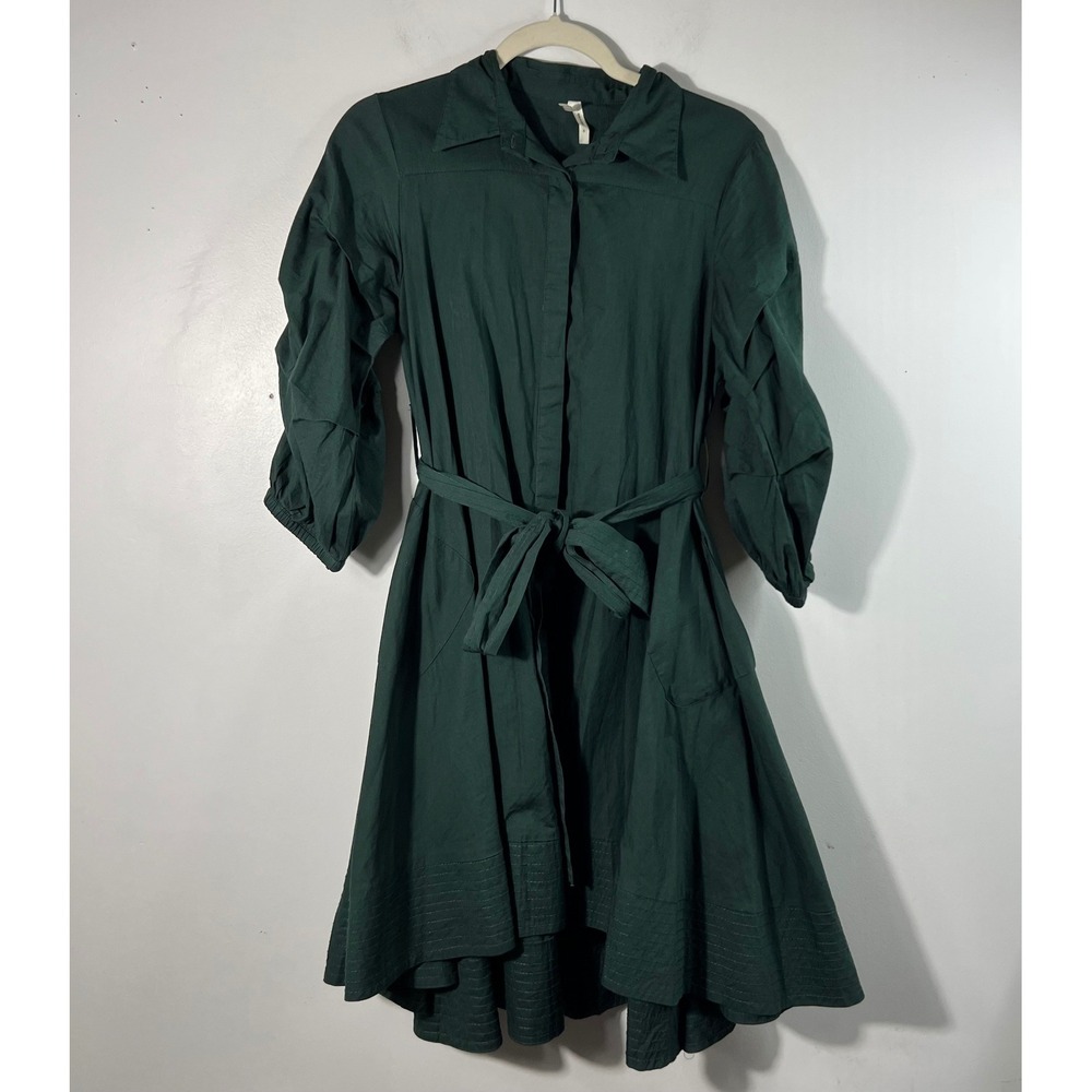 Womens Truth nyc Lagenlook Cotton Button Shirt Dress Green S Ruched Sleeves Belt